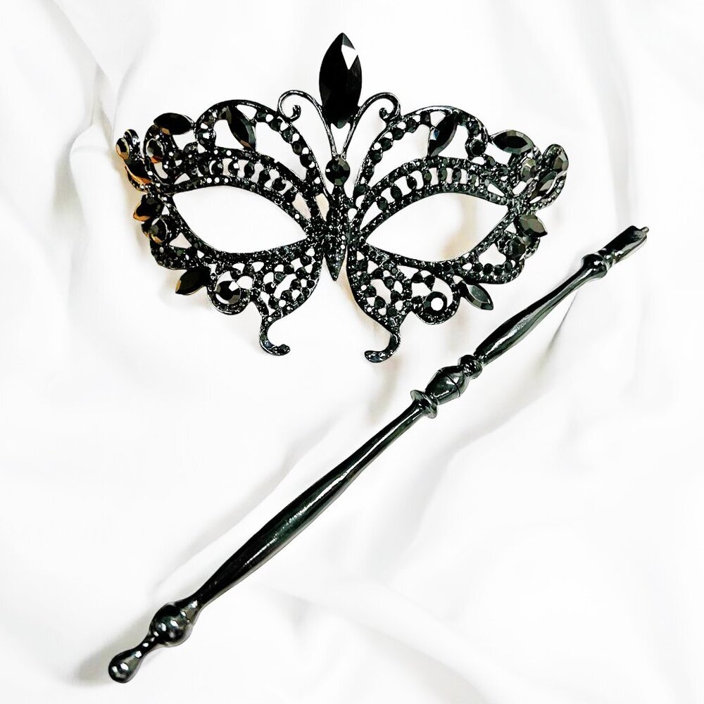 Butterfly Mask with Stick, Masquerade Ball Mask, Black Crystal Masquerade Mask - Picture 8 of 8